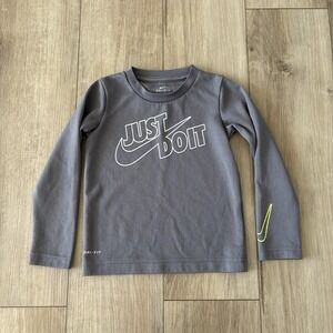 Nike Dri-Fit Boys Long Sleeve Shirt Size 4T Gray Swoosh Spell Out